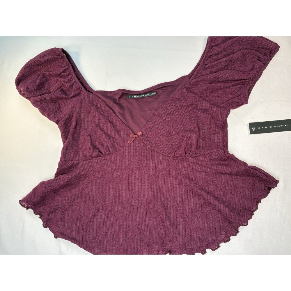H+H by Heart Hips Purple Knit Square Neck Puff Short Sleeve Bow Blouse M